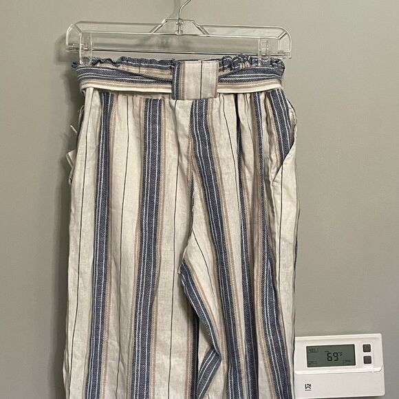 Indigo Rein Pants Linen Blend Striped Belted Waist Cropped Sz Medium NWT - Picture 4 of 12